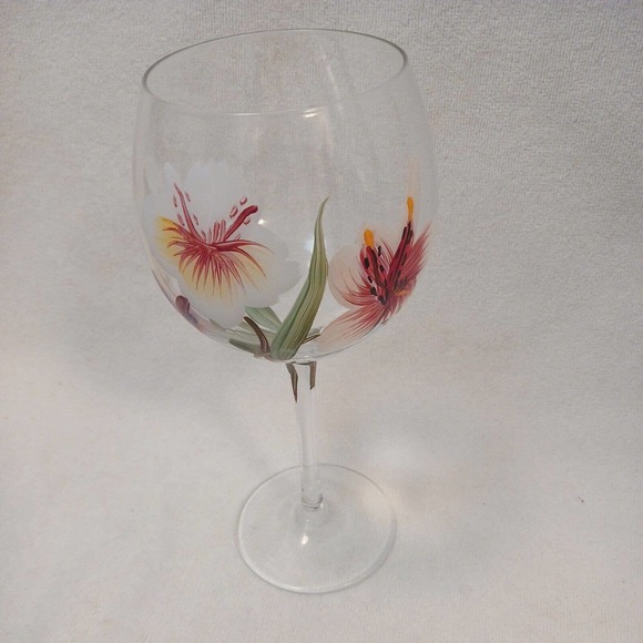 9" Goblet HAND PAINTED WINE GLASS Hawaiian Hibiscus Lilly Flowers - Picture 4 of 15